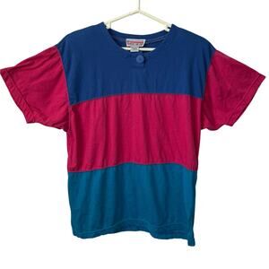 Vintage 80s Resource Size Large Blue Pink Colorblock Shirt